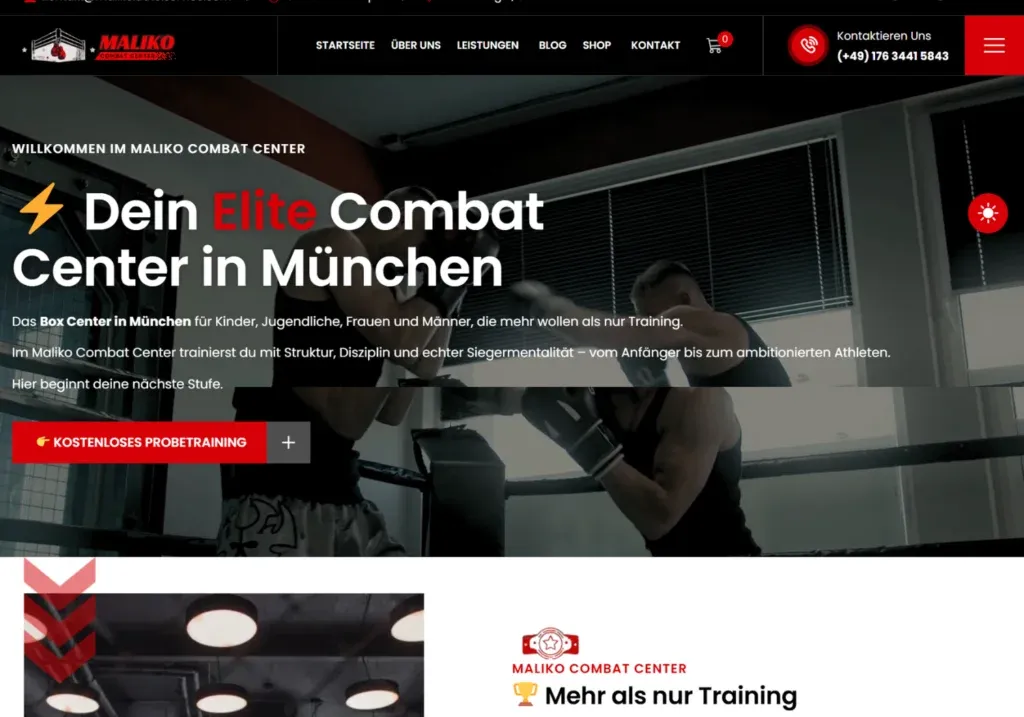Moderne Fitness und Boxclub Webseite mit dynamischem Design